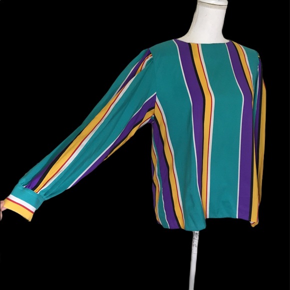 Vintage 90's Turquoise Rainbow Stripe Blouse - Picture 2 of 12